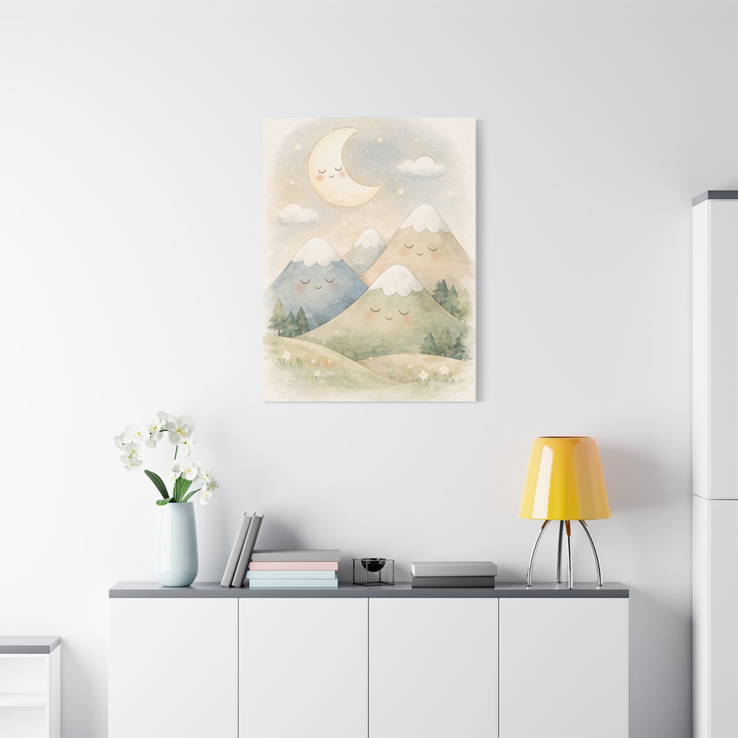 Moon & Sleepy Mountains Nursery Wall Art & Canvas Print
