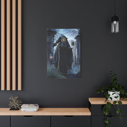 Witch with Raven at the Moonlit Cemetery Gate Wall Art & Canvas Print