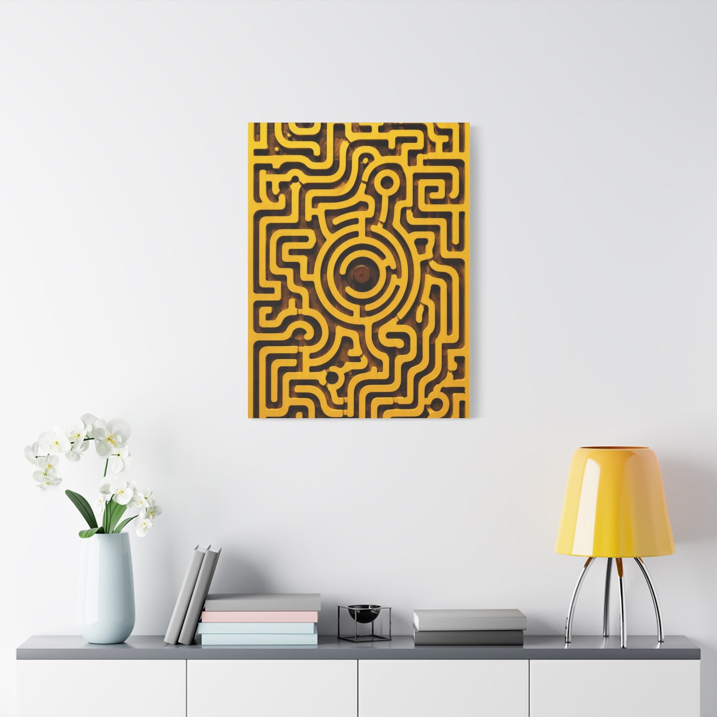 Circular Labyrinth Yellow Relief Design Wall Art & Canvas Print