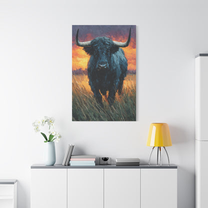 Majestic Bull at Sunset Oil Painting Wall Art & Canvas Print