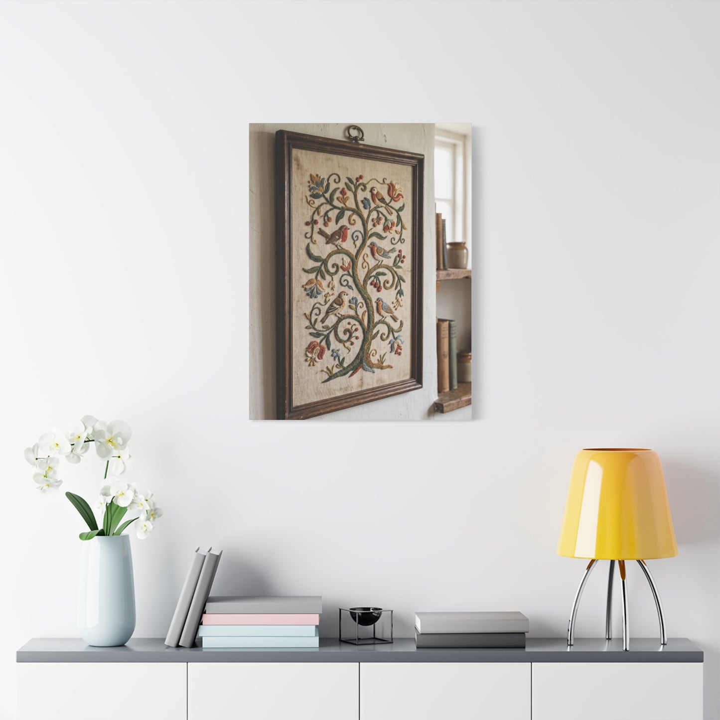 Framed Folk Tree Embroidery Study Wall Art & Canvas Print