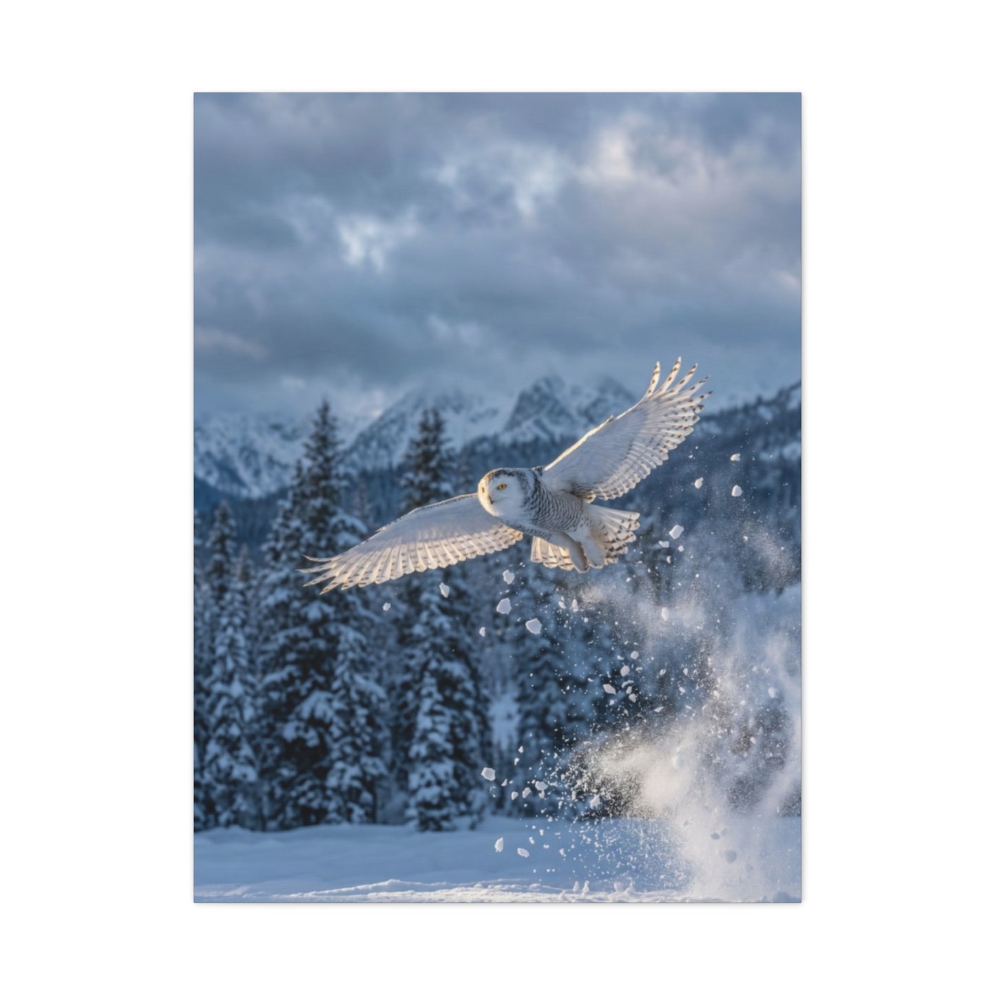 Snowy Owl Mountain Flight Wall Art & Canvas Print