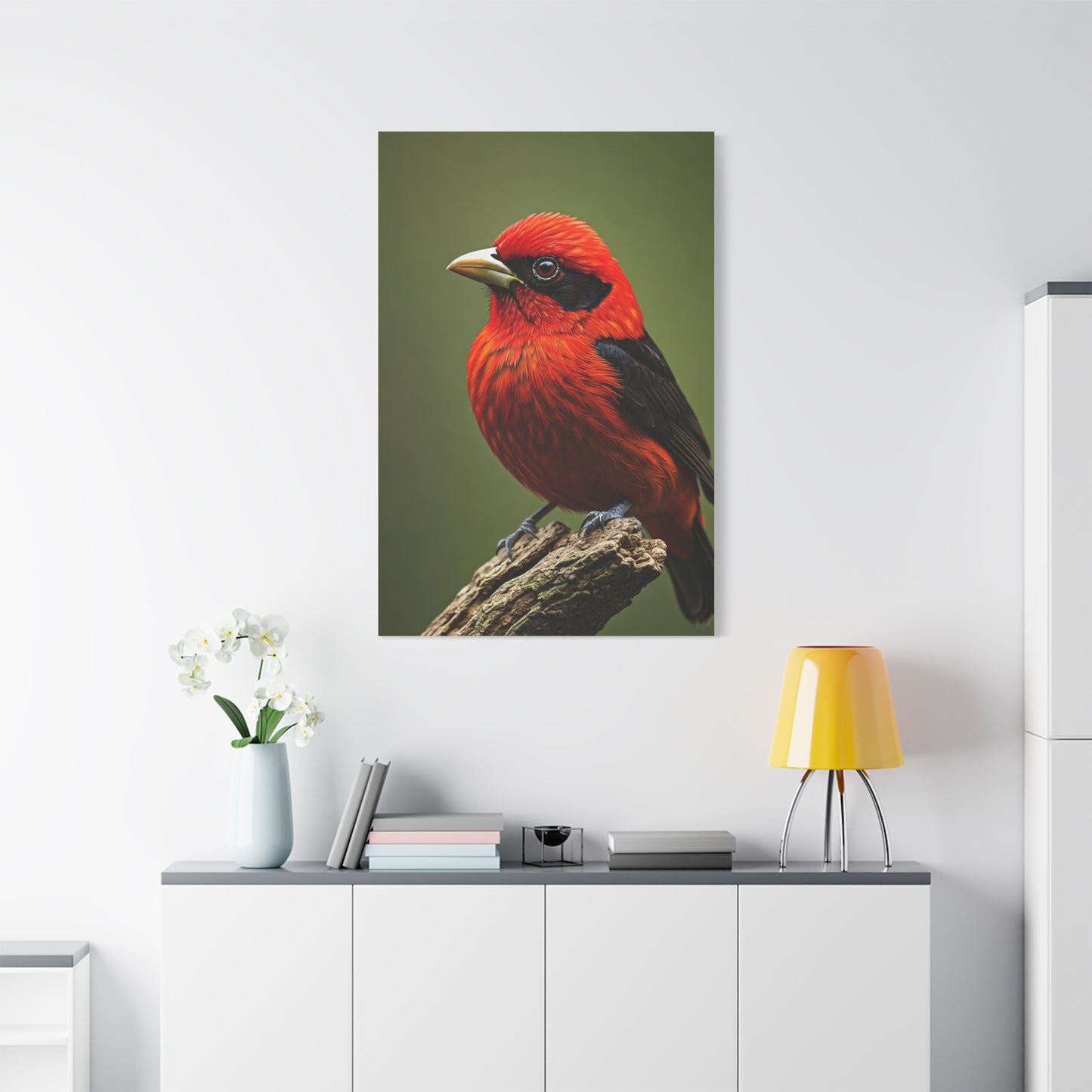 Scarlet Tanager Perched on Forest Branch Wall Art & Canvas Print