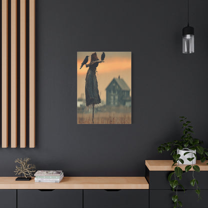 Old Scarecrow in Harvest Field with Crows Wall Art & Canvas Print