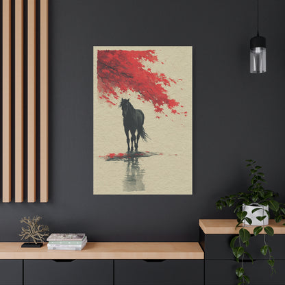 Minimal Horse Silhouette Under Red Maple Wall Art & Canvas Print