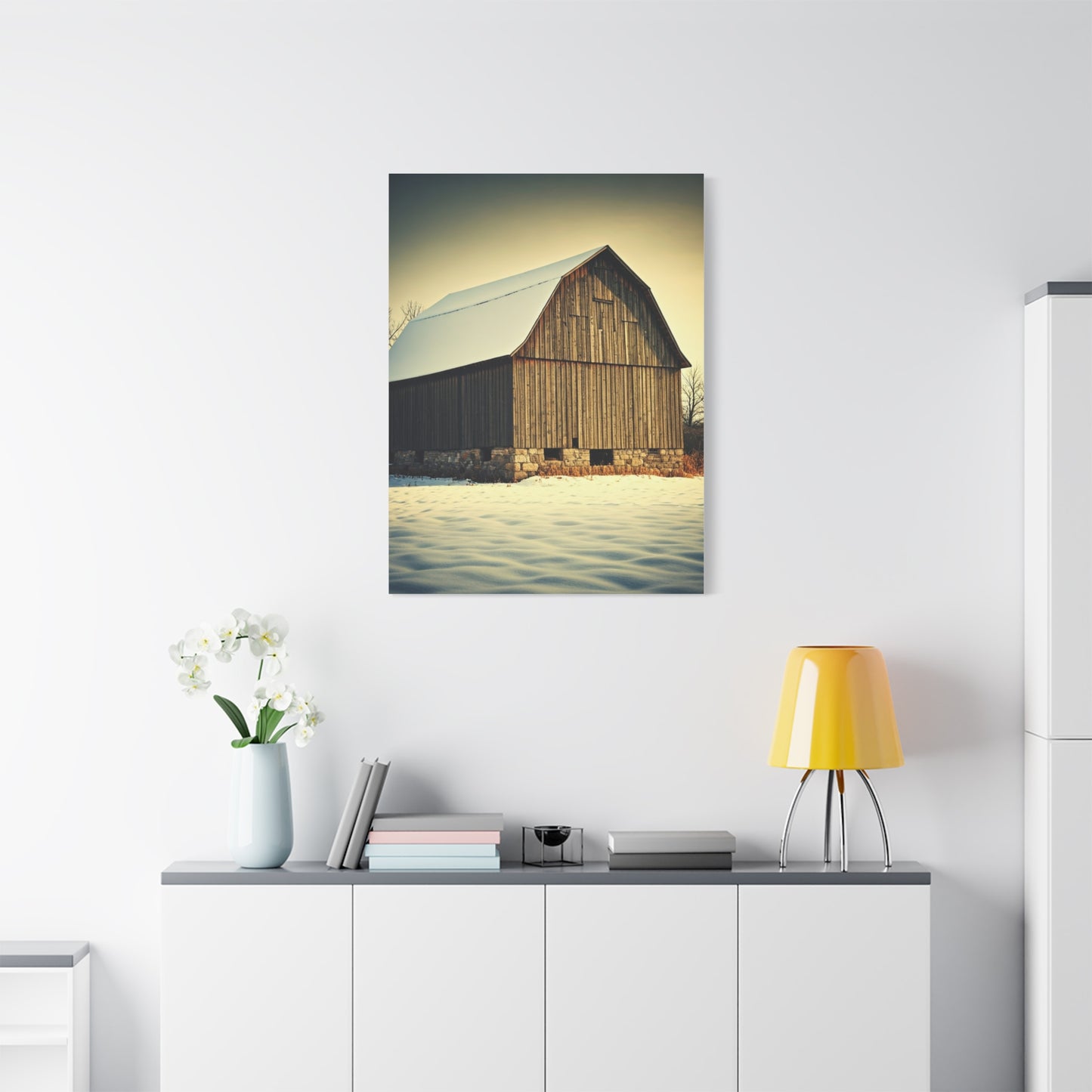 Winter Barn in Snowfield Wall Art & Canvas Prints