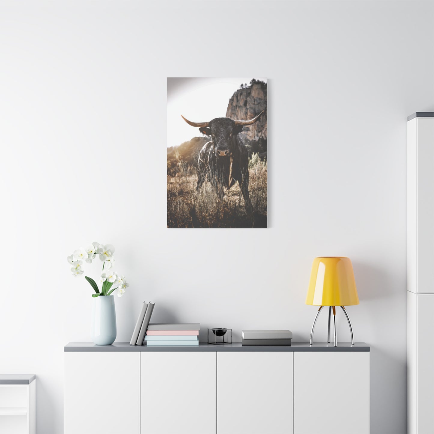 Mountain Cliff Bull Portrait Wall Art & Canvas Print