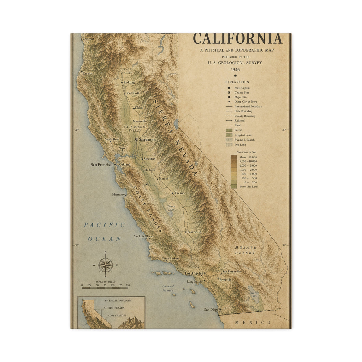 Vintage California Topographic Map Wall Art & Canvas Print