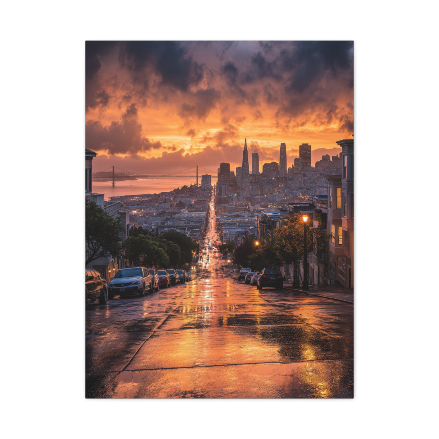 San Francisco Rainy Sunset Cityscape Wall Art & Canvas Print