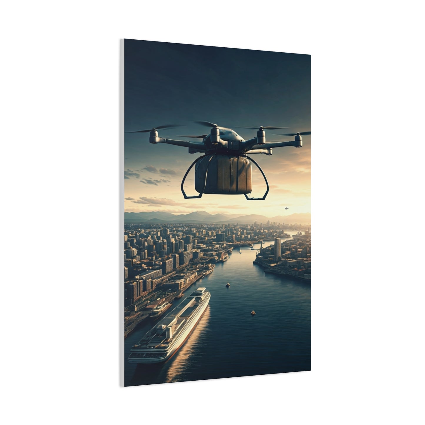 Futuristic Delivery Drone Over City Wall Art & Canvas Prints
