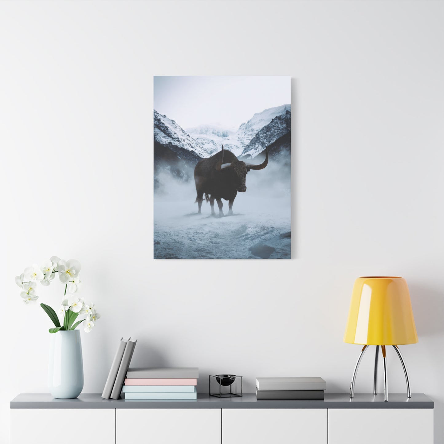 Lone Bull in Snowy Mountain Valley Wall Art & Canvas Print
