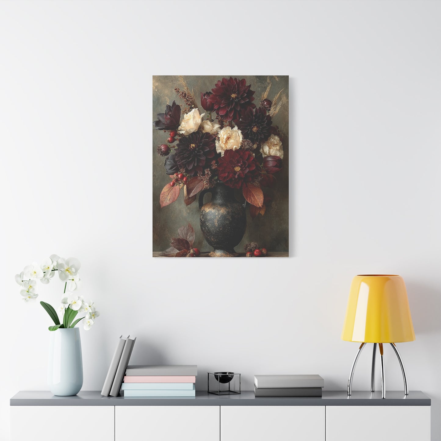 Burgundy Dahlia Autumn Floral Still Life Wall Art & Canvas Print