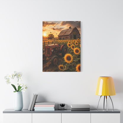 Rustic Farmhouse Sunflower Field Tractor Wall Art & Canvas Print