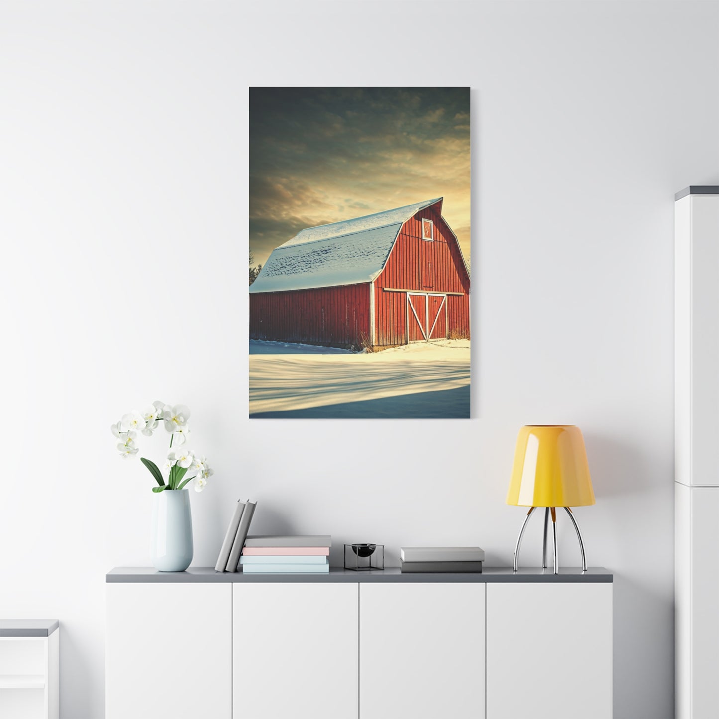 Red Winter Barn in Snow Wall Art & Canvas Prints