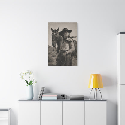 Black & White Cowgirl Portrait with Horse Wall Art & Canvas Print