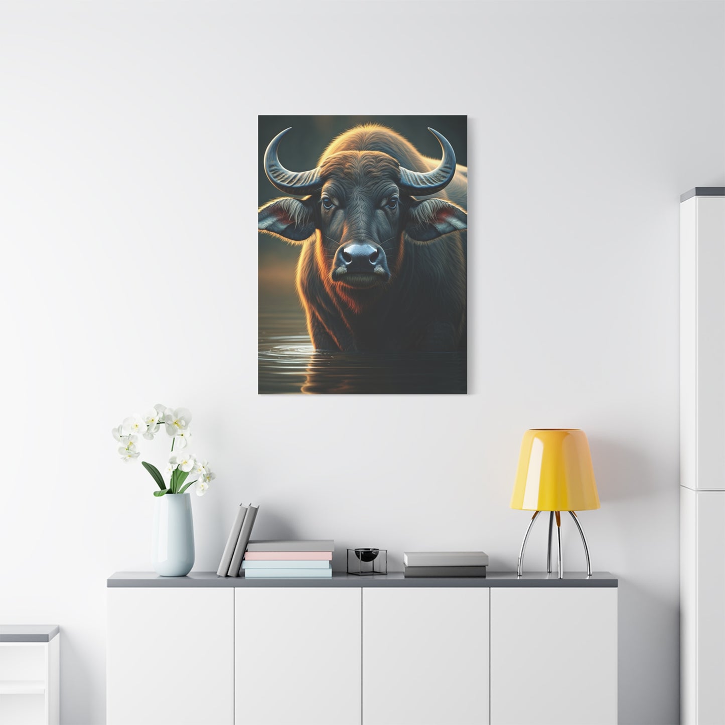 Golden Rim-Lit Buffalo Emerging from Water Wall Art & Canvas Print