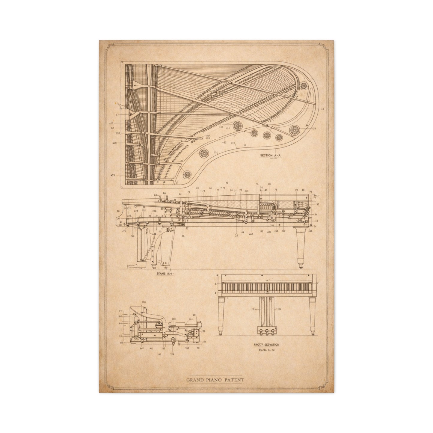 Grand Piano Blueprint Study Wall Art & Canvas Print