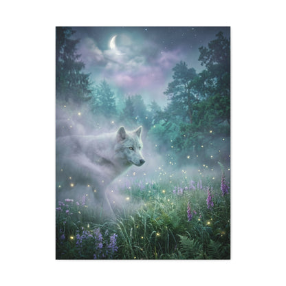 Ethereal White Wolf Moonlit Meadow Scene Wall Art & Canvas Print