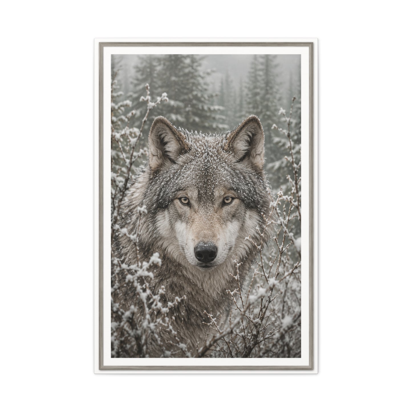 Snow Forest Gray Wolf Framed Portrait Wall Art & Canvas Print