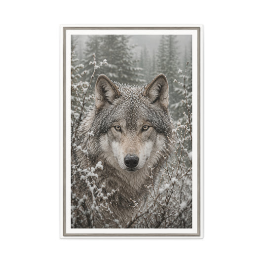 Snow Forest Gray Wolf Framed Portrait Wall Art & Canvas Print