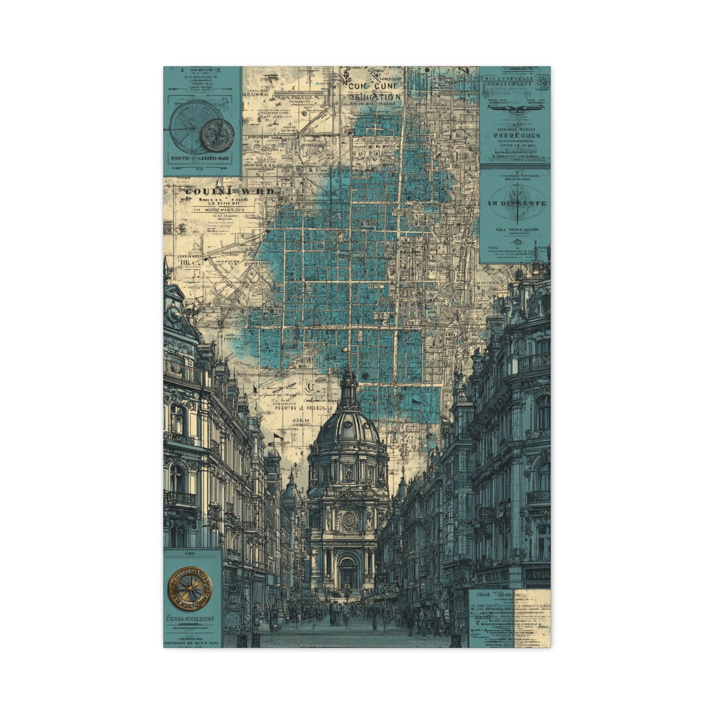Vintage City Map Architectural Collage Wall Art & Canvas Print