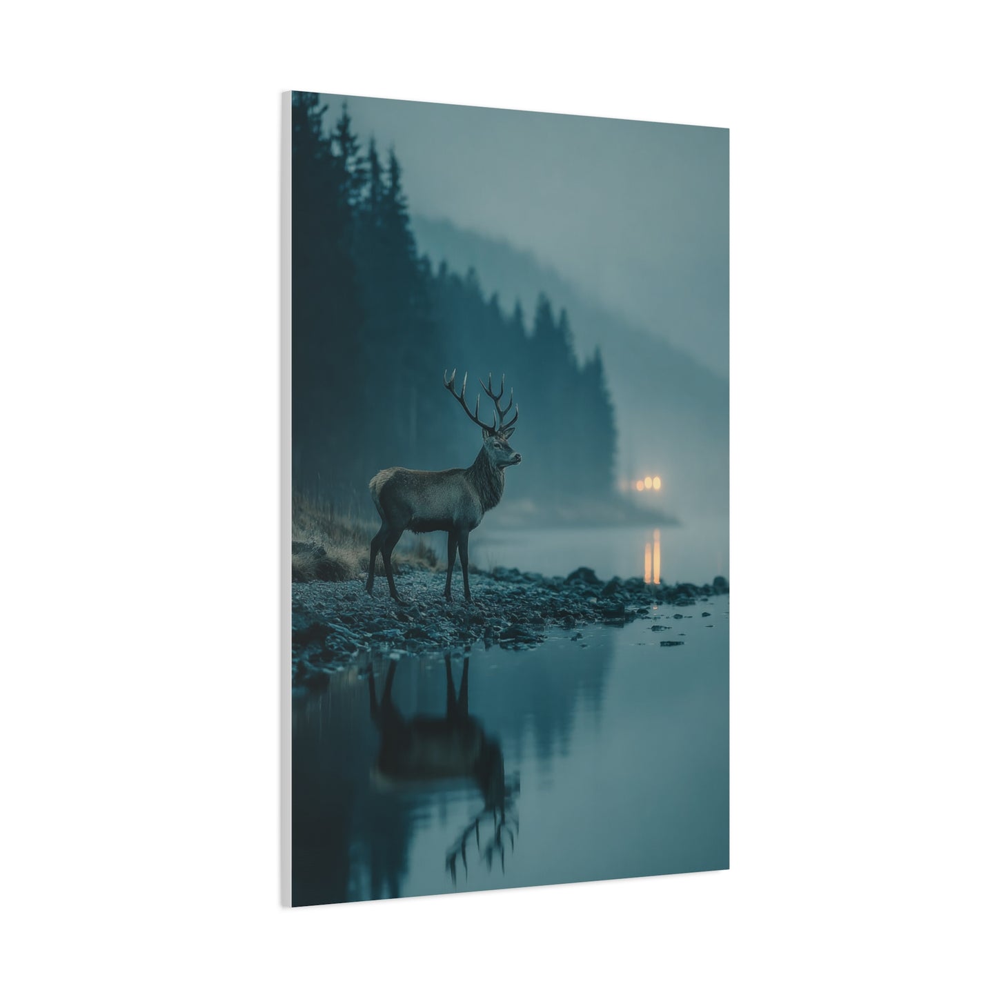 Blue Hour Lakeside Stag Reflection Wall Art & Canvas Print