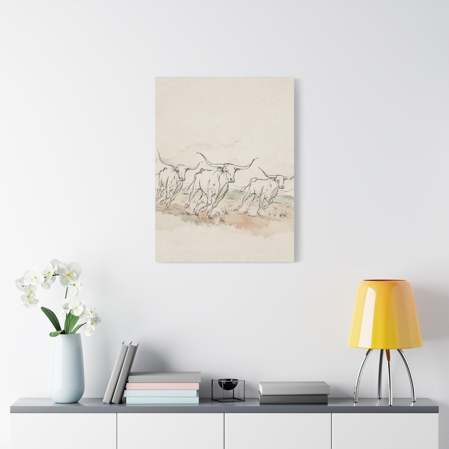 Running Longhorn Line Sketch Panorama Wall Art & Canvas Print