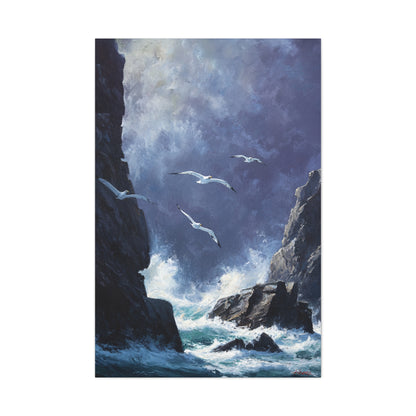 Seagulls Flying Above Crashing Coastal Waves Wall Art & Canvas Print