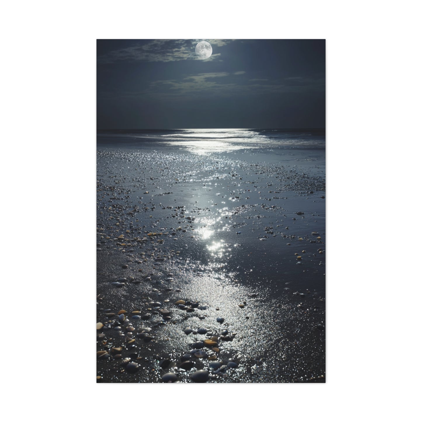 Moonlit Beach Reflections with Scattered Seashells Wall Art & Canvas Print