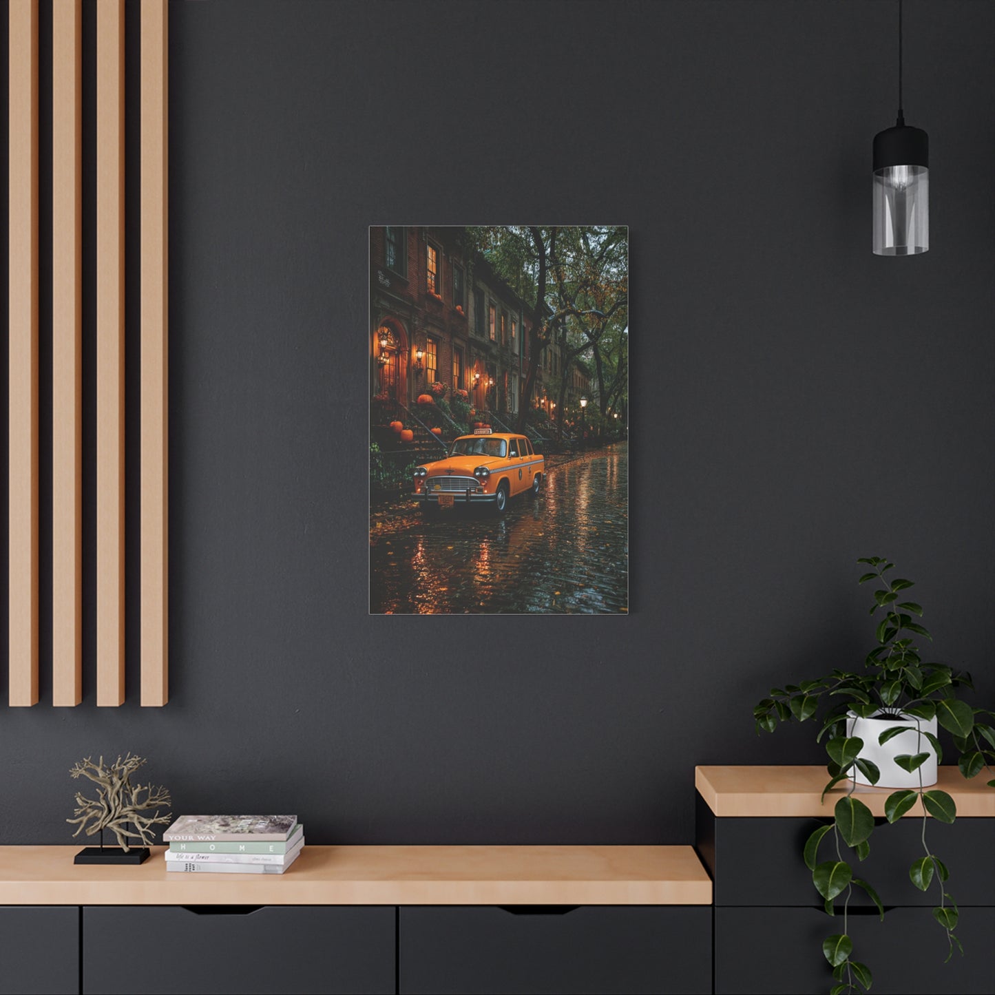 Rainy Autumn Brownstone Street Wall Art & Canvas Print