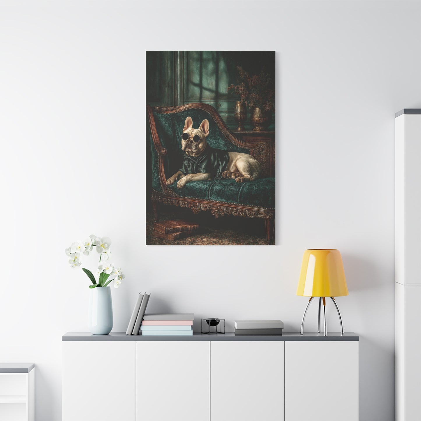 French Bulldog on Emerald Velvet Chaise Wall Art & Canvas Print