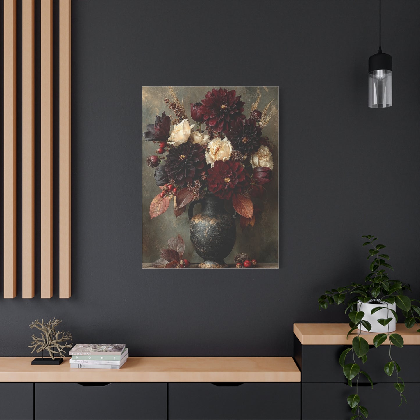 Burgundy Dahlia Autumn Floral Still Life Wall Art & Canvas Print