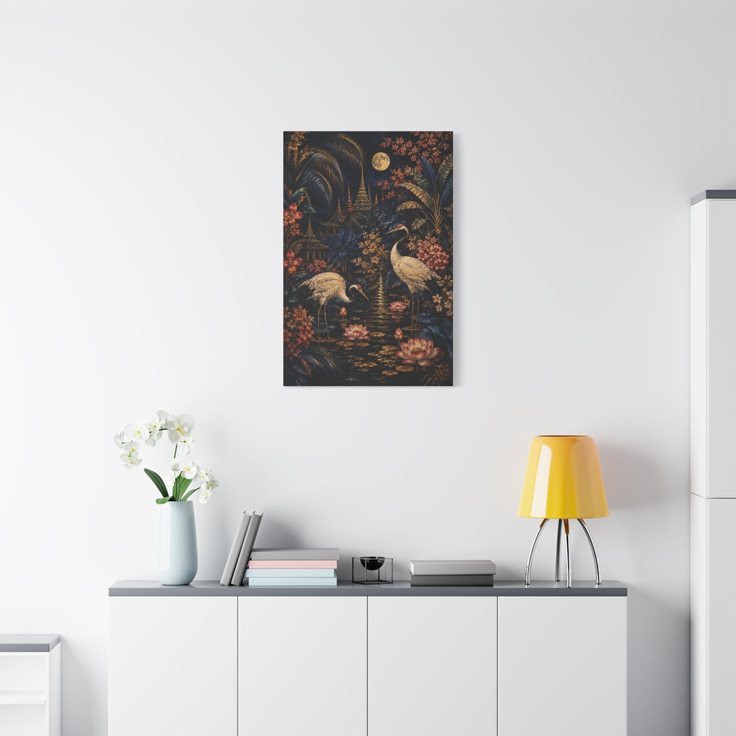 Moonlit Tropical Chinoiserie Crane Garden Tropical Wall Art & Canvas Print