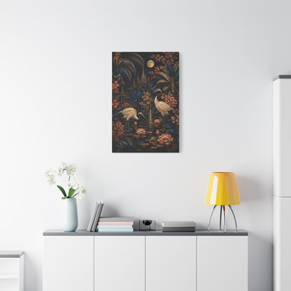 Moonlit Tropical Chinoiserie Crane Garden Tropical Wall Art & Canvas Print