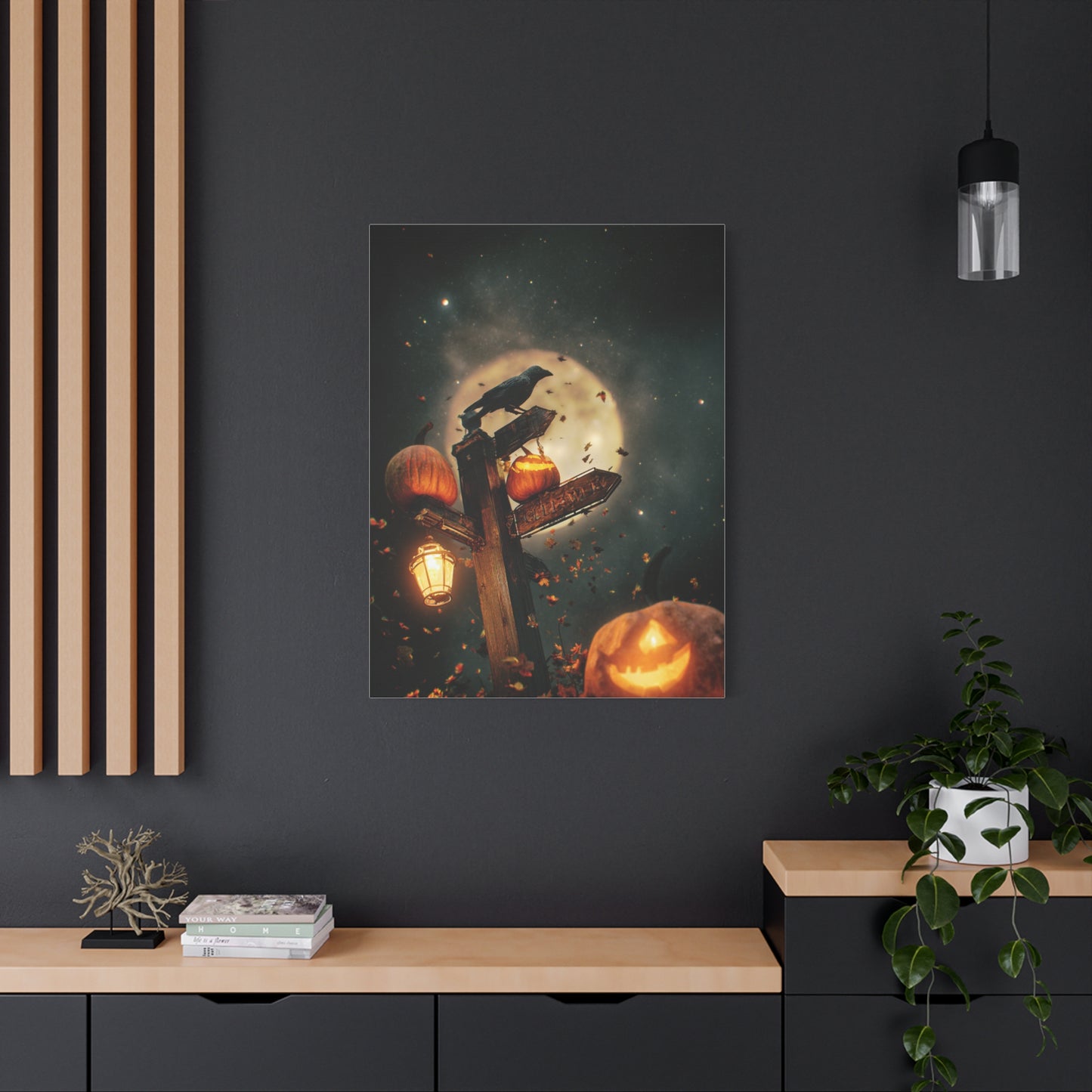 Crow on Pumpkin Signpost Under the Full Moon Wall Art & Canvas Print