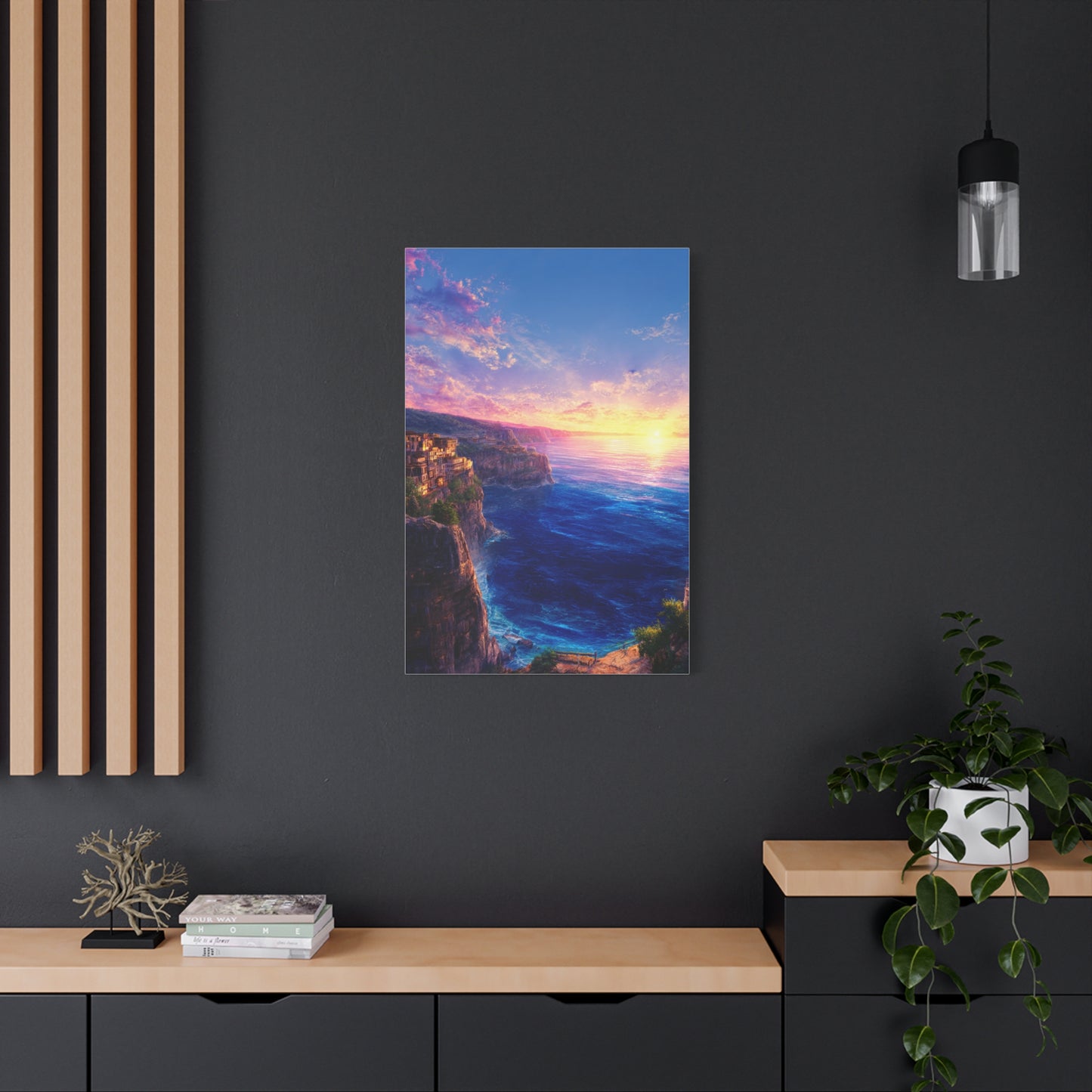 Coastal Village Cliffs at Golden Sunset Wall Art & Canvas Print