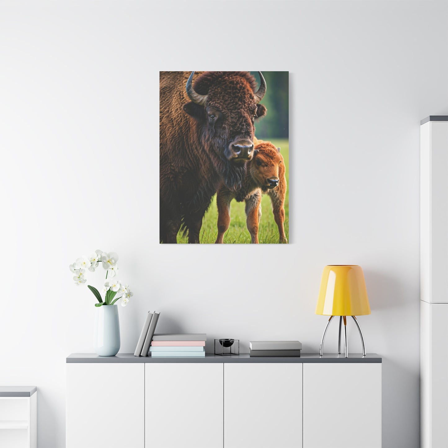 American Bison with Calf in Prairie Light Wall Art & Canvas Print