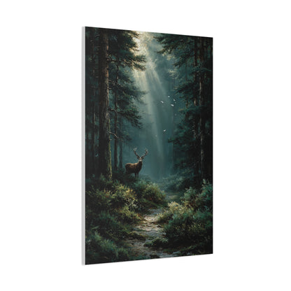 Sunlit Evergreen Forest Stag Wall Art & Canvas Print