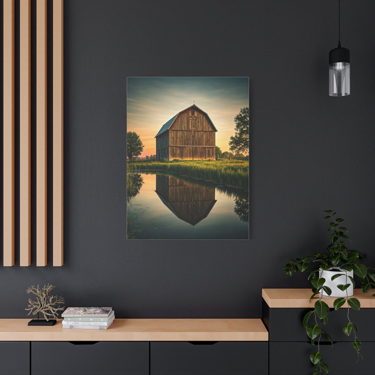 Reflected Barn in Tranquil Waters Wall Art & Canvas Prints