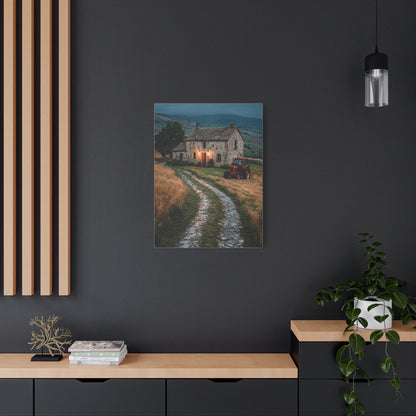 Stone Farmhouse with Red Tractor Landscape Wall Art & Canvas Print