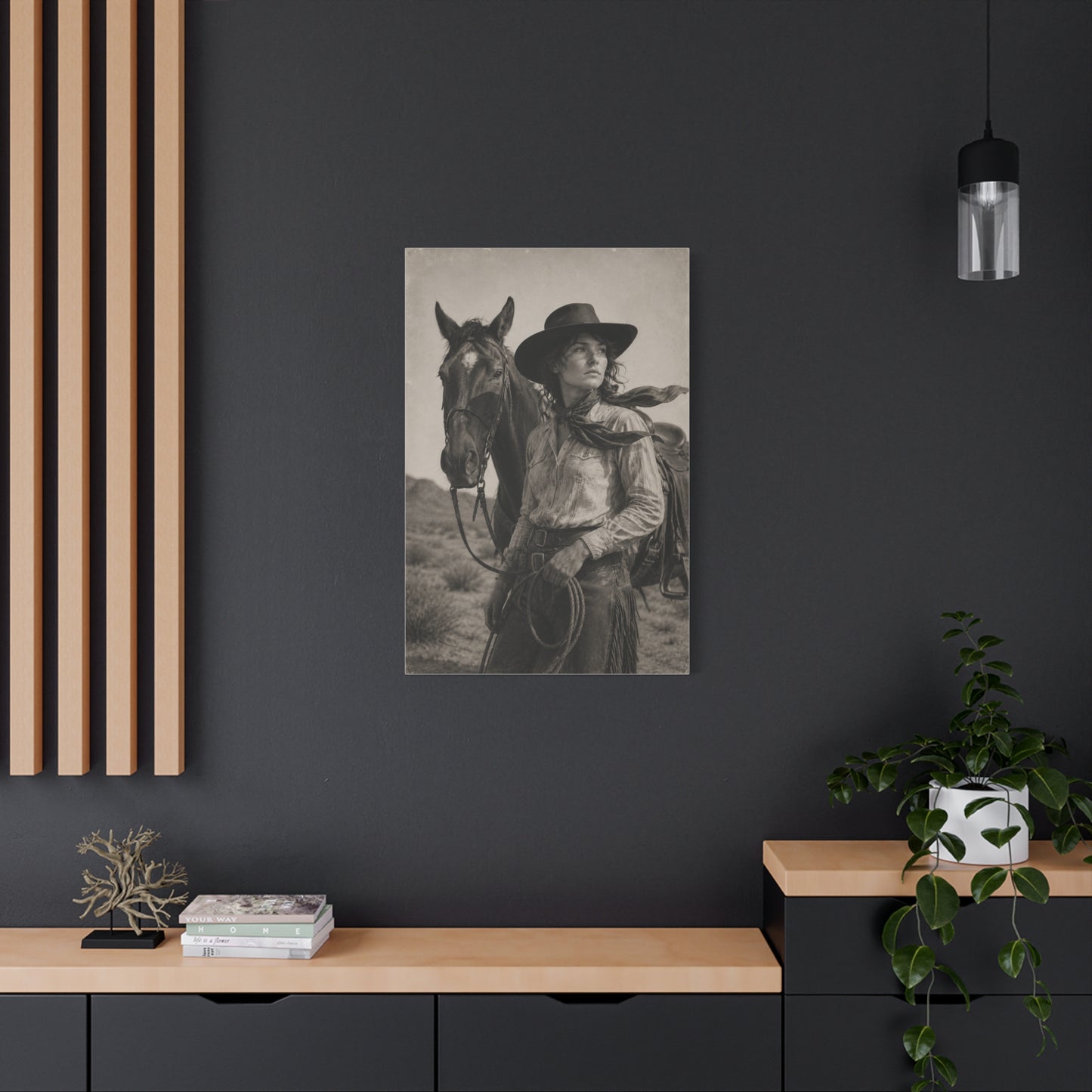 Black & White Cowgirl Portrait with Horse Wall Art & Canvas Print