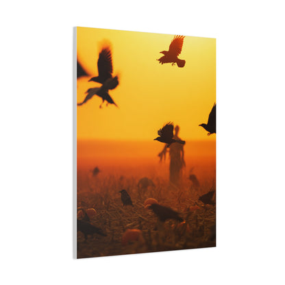 Crows Rising Over Pumpkin Field at Sunset Wall Art & Canvas Print