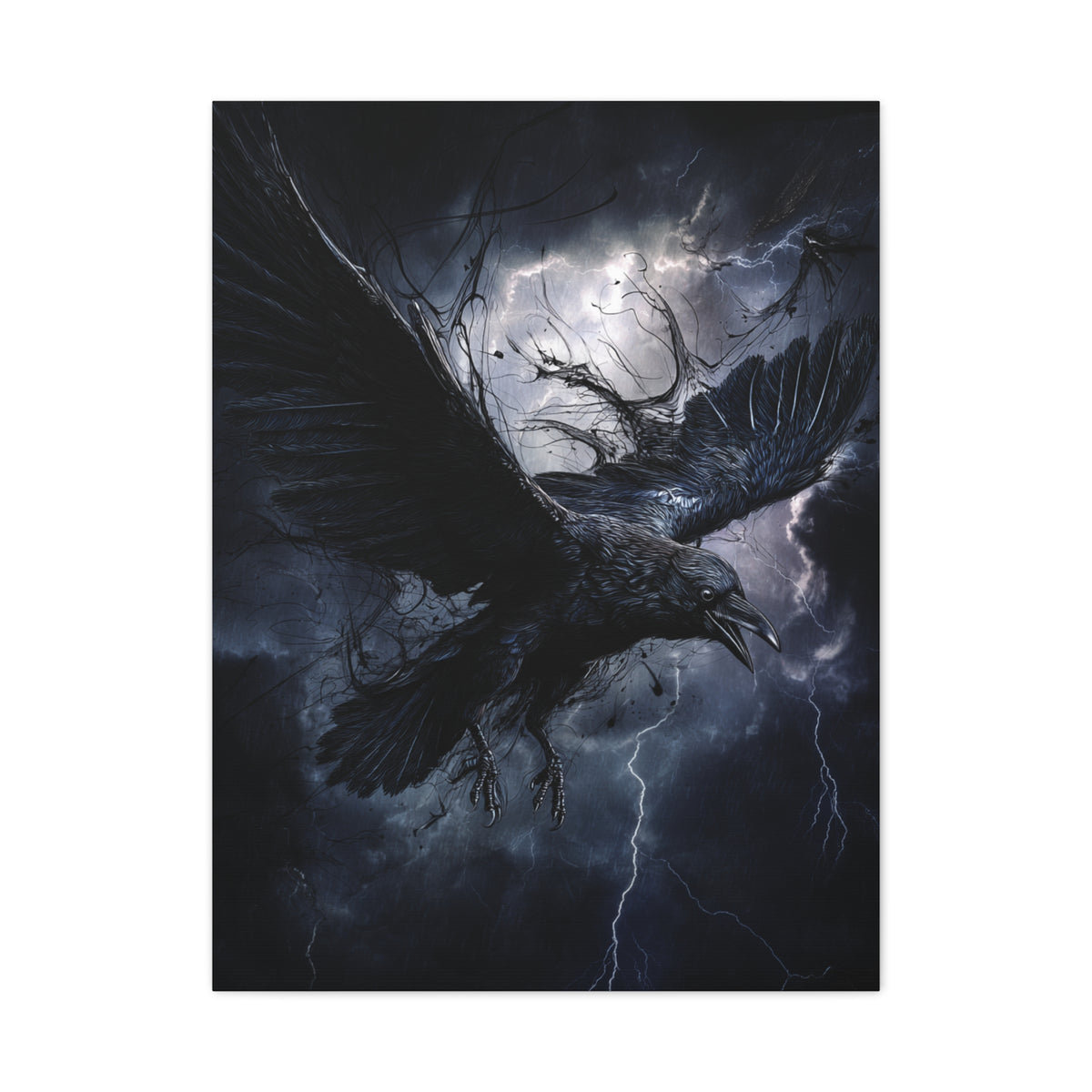 Raven Flying Through Storm Lightning Wall Art & Canvas Print