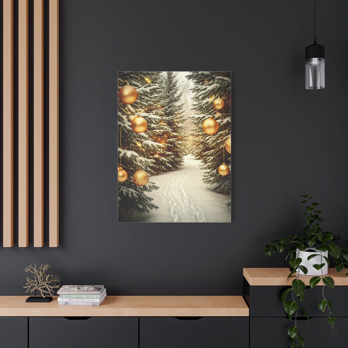 Snowy Pine Path With Golden Christmas Ornaments Wall Art & Canvas Print