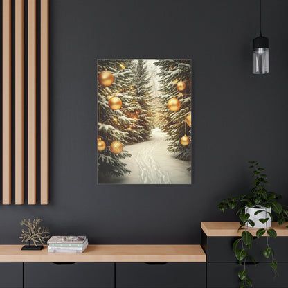 Snowy Pine Path With Golden Christmas Ornaments Wall Art & Canvas Print