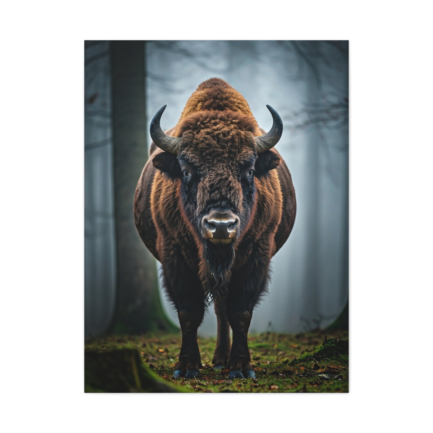 Bison Emerging from Forest Mist Wall Art & Canvas Print