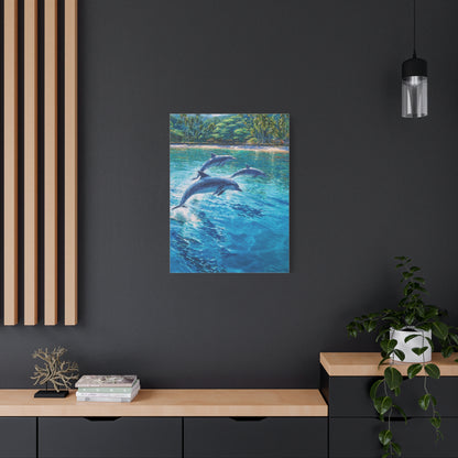 Dolphins Leaping Near Tropical Coastline Wall Art & Canvas Print