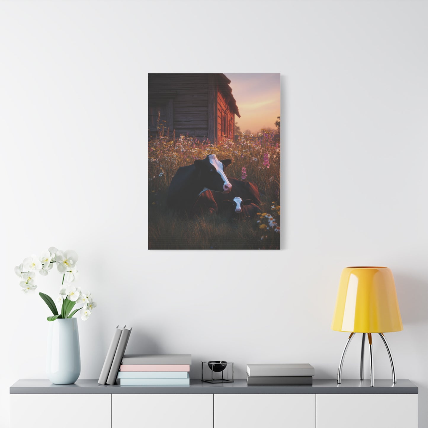 Farmhouse Meadow Cow and Calf Wall Art & Canvas Print