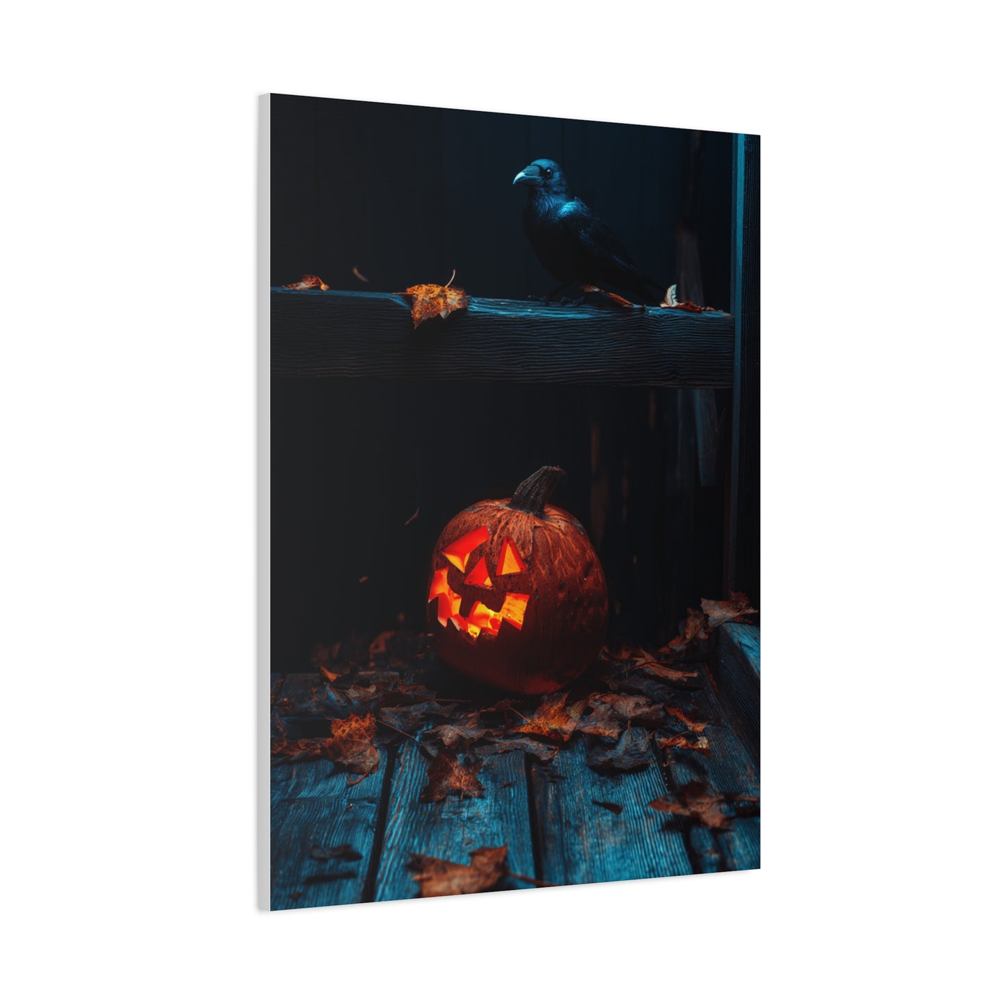 Jack-O’-Lantern and Crow on Moonlit Porch Wall Art & Canvas Print