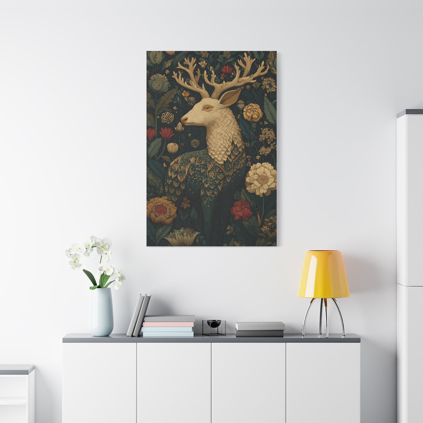 Ornamental Folk Deer Woodland Wall Art & Canvas Print